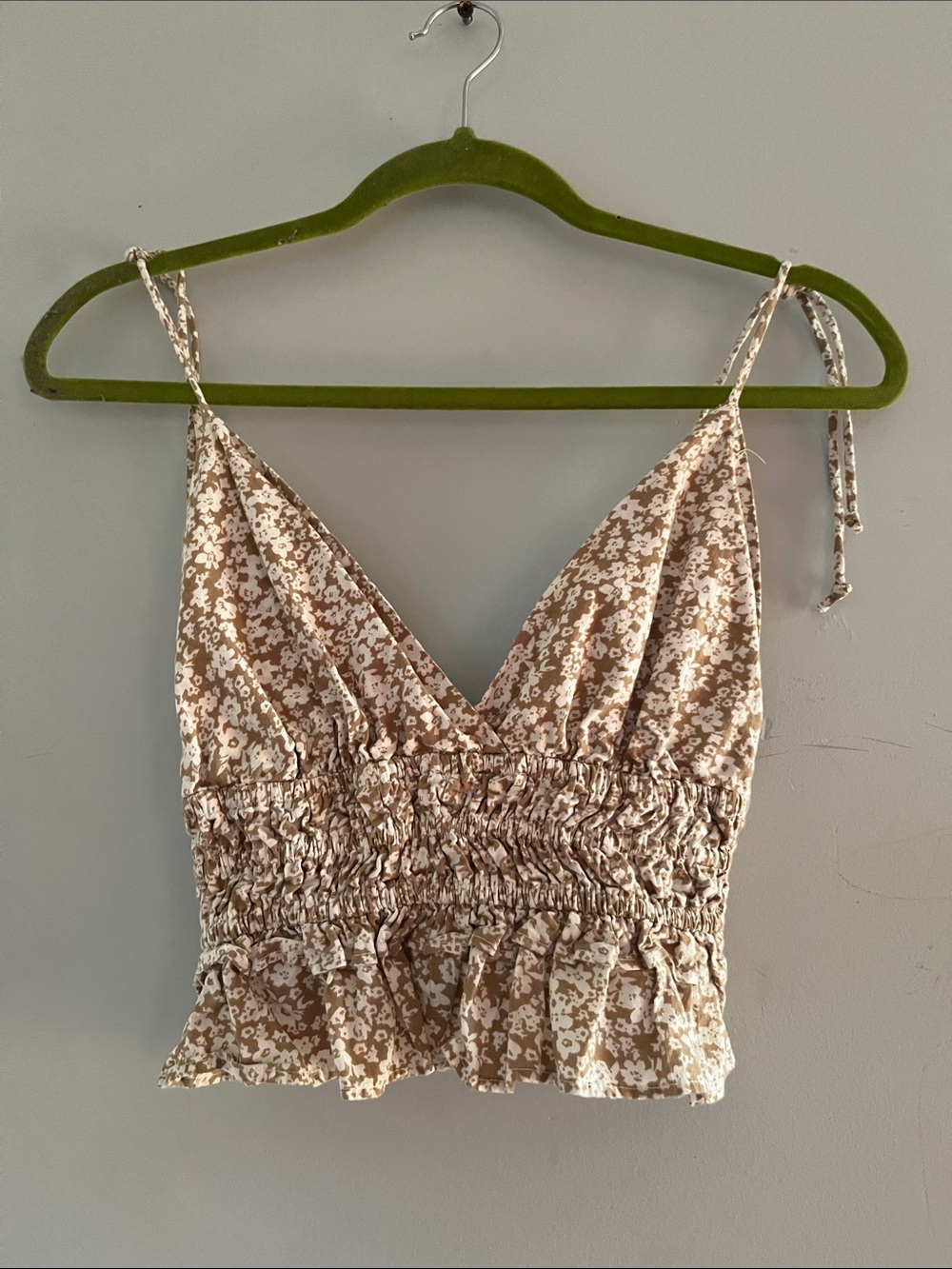 Floral Smocked V-Neck Camisole in Light Brown